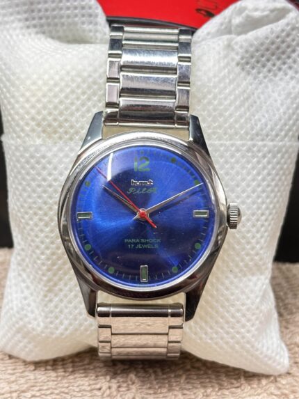 Vintage HMT Pilot Blue Dial 17 Jewels Hand Winding Mens Classic Steel Watch Indi